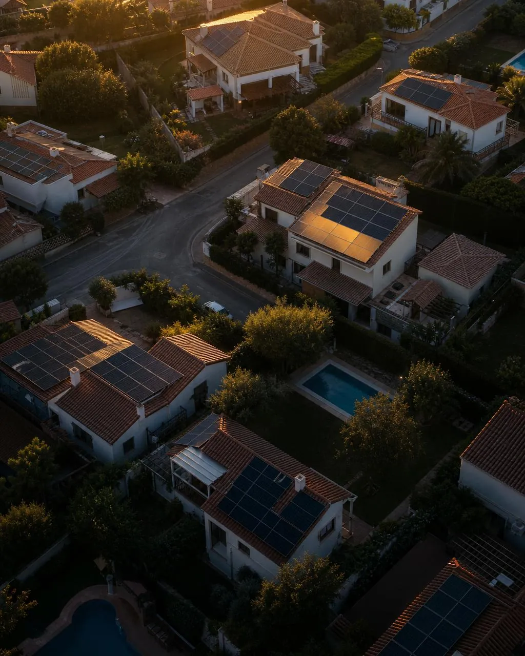 Vista aérea de un barrio de casas unifamiliares con placas solares al atardecer