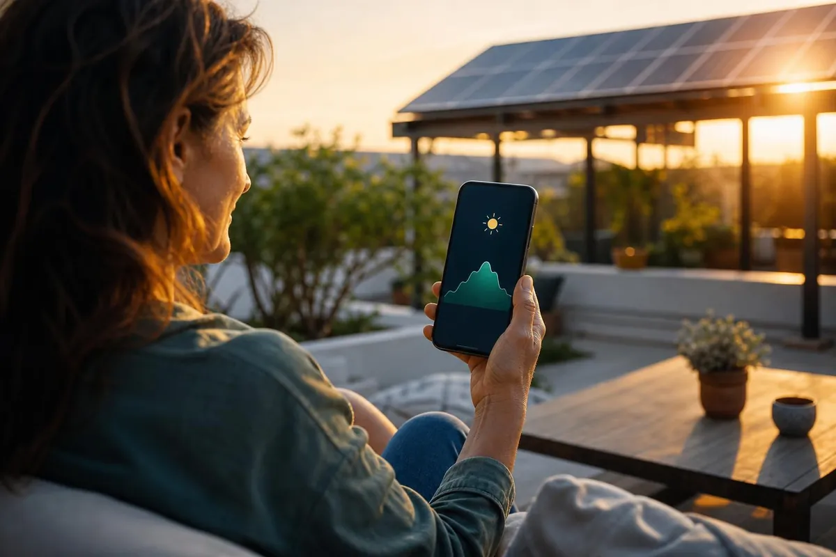 Propietaria consultando en el móvil la producción de sus placas desde la terraza