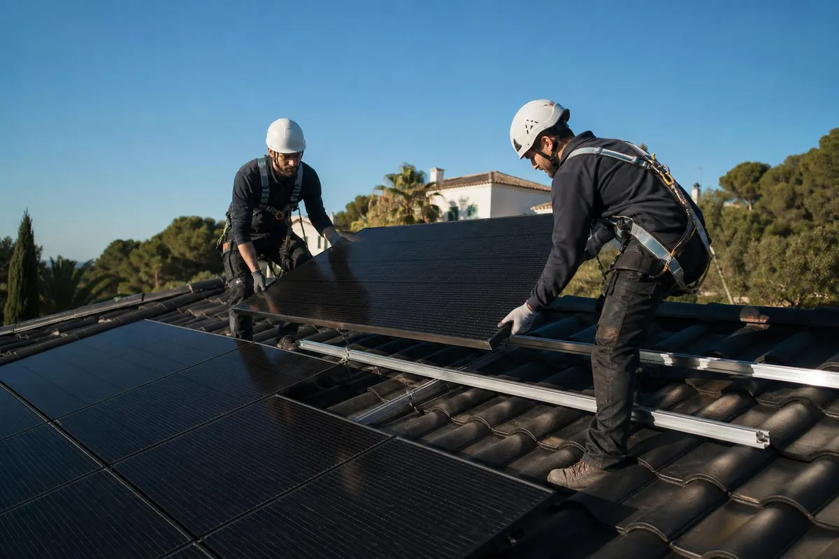 Instaladores con arnés colocando paneles solares sobre un tejado por la mañana