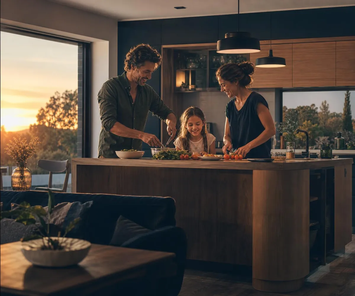 Familia en el salón de su casa al atardecer, con la luz encendida
