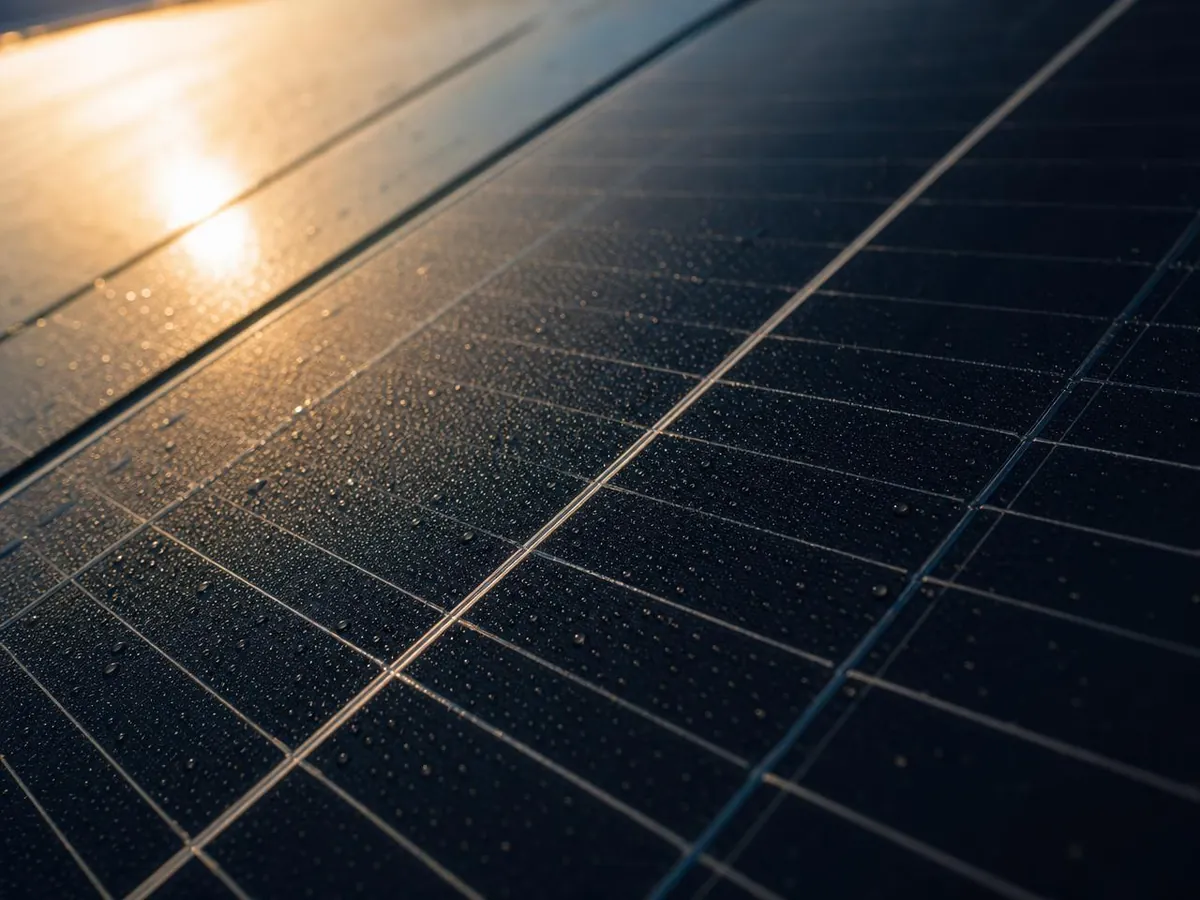 Detalle de las células de un panel solar con reflejo del sol
